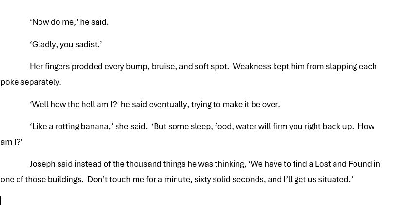 ‘Now do me,’ he said.  
	‘Gladly, you sadist.’
	Her fingers prodded every bump, bruise, and soft spot.  Weakness kept him from slapping each poke separately.
	‘Well how the hell am I?’ he said eventually, trying to make it be over.
	‘Like a rotting banana,’ she said.  ‘But some sleep, food, water will firm you right back up.  How am I?’
 	Joseph said instead of the thousand things he was thinking, ‘We have to find a Lost and Found in one of those buildings.  Don’t touch me for a minute, sixty solid seconds, and I’ll get us situated.’



