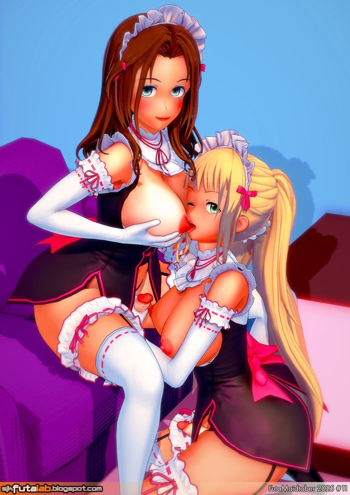 A seated futanari maid with another futanari maid kneeling between her legs, sucking on her breasts while giving her a handjob.