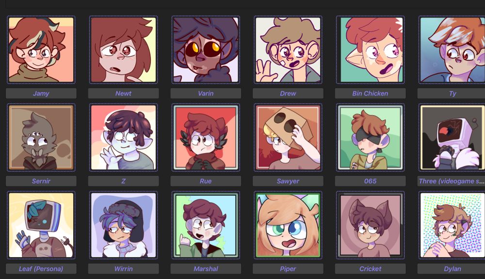 List of currently active artfight characters. Names from top left to bottom right; Jamy, Newt, Varin, Drew, Ben, Ty, Sernir, Z, Rue, Sawyer, 065, Three, Le, Wirrin, Marshal, Piper, Cricket, Dylan