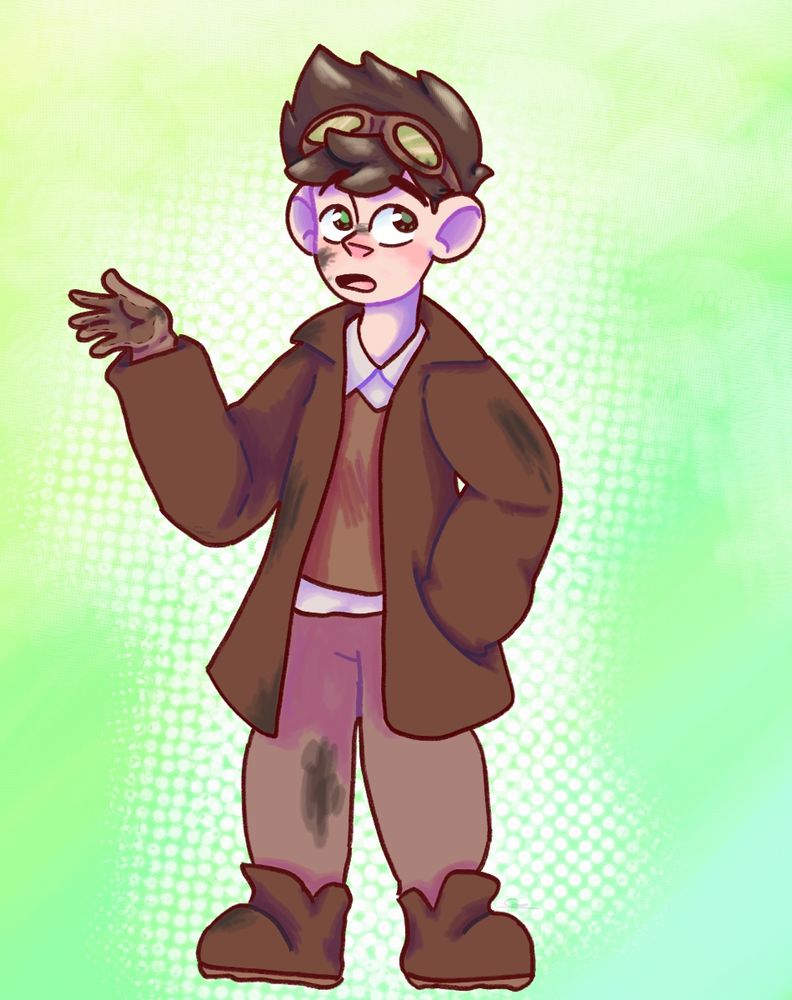 White male wearing long brown coat, a vest, baggy pants, gloves and goggles. He has brown hair and green eyes. He has dirt all over his clothes and face.