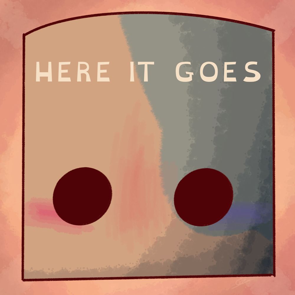 A drawing of a cardboard box mask with small eye holes and a large blue patch. Text: here it goes