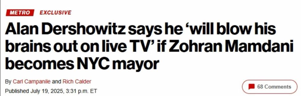 Headline that reads "Alan Derahowitz says he 'will blow is brains out on live TV' if Zohran Mamdani becomes NYC mayor"