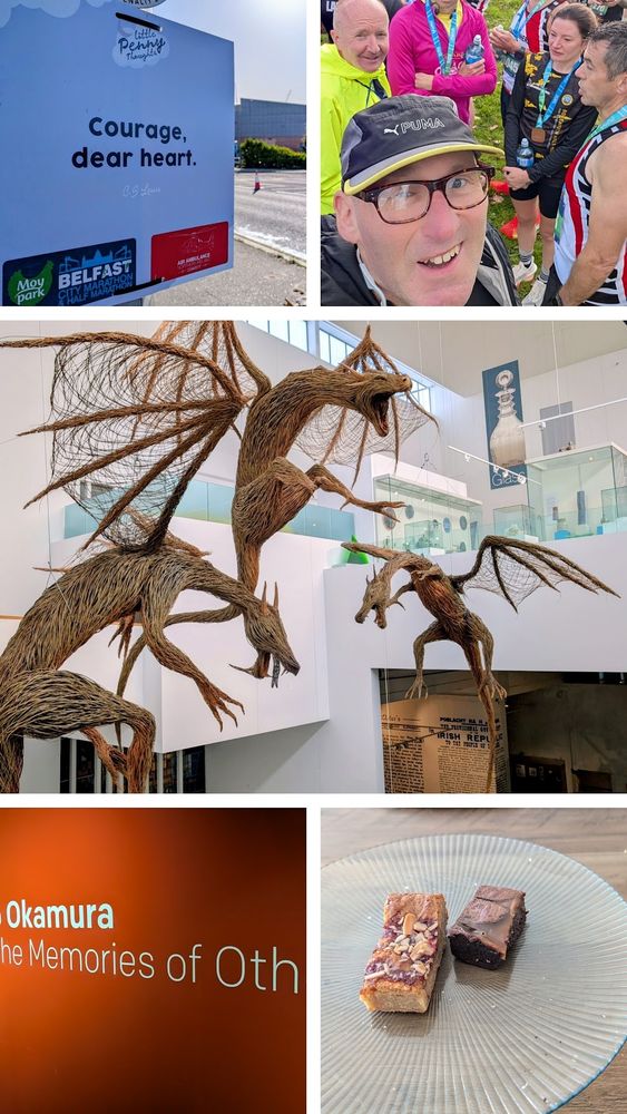 collage, sign on road during the half marathon, runners talking running, wicker dragons, Sign art museum for exhibit, delicious buns