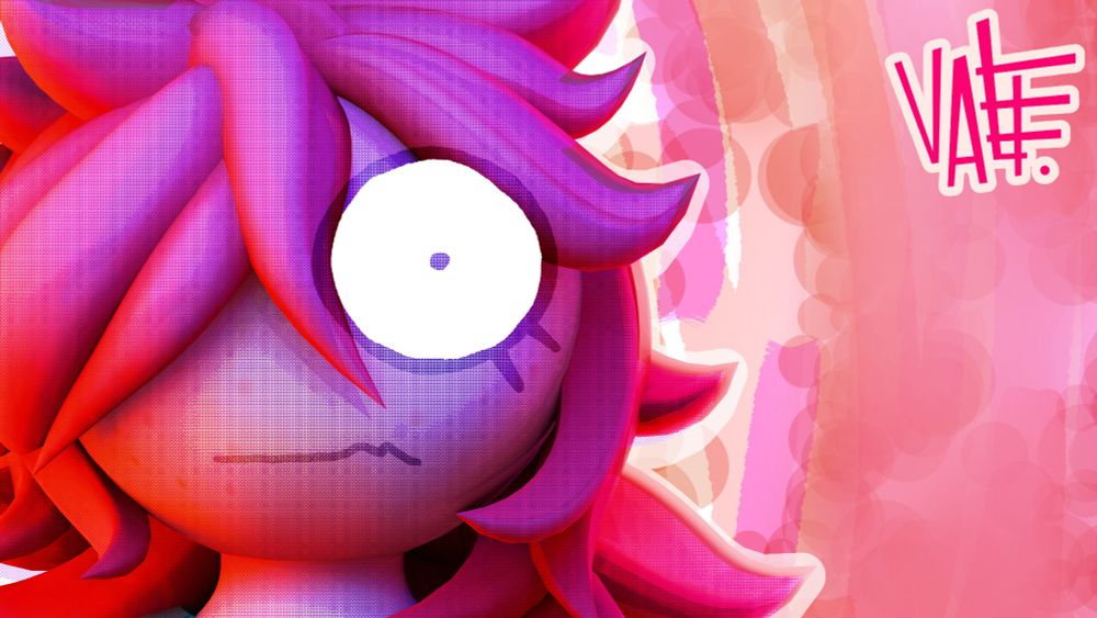 A girl with raspberry-red hair looking directly at the camera, a shocked expression on her face