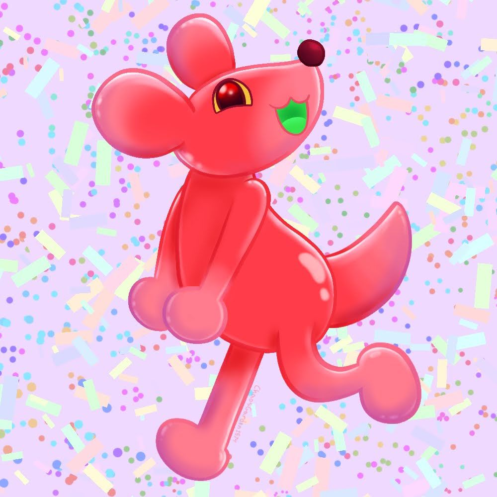 illustration of a happy red creature made of candy