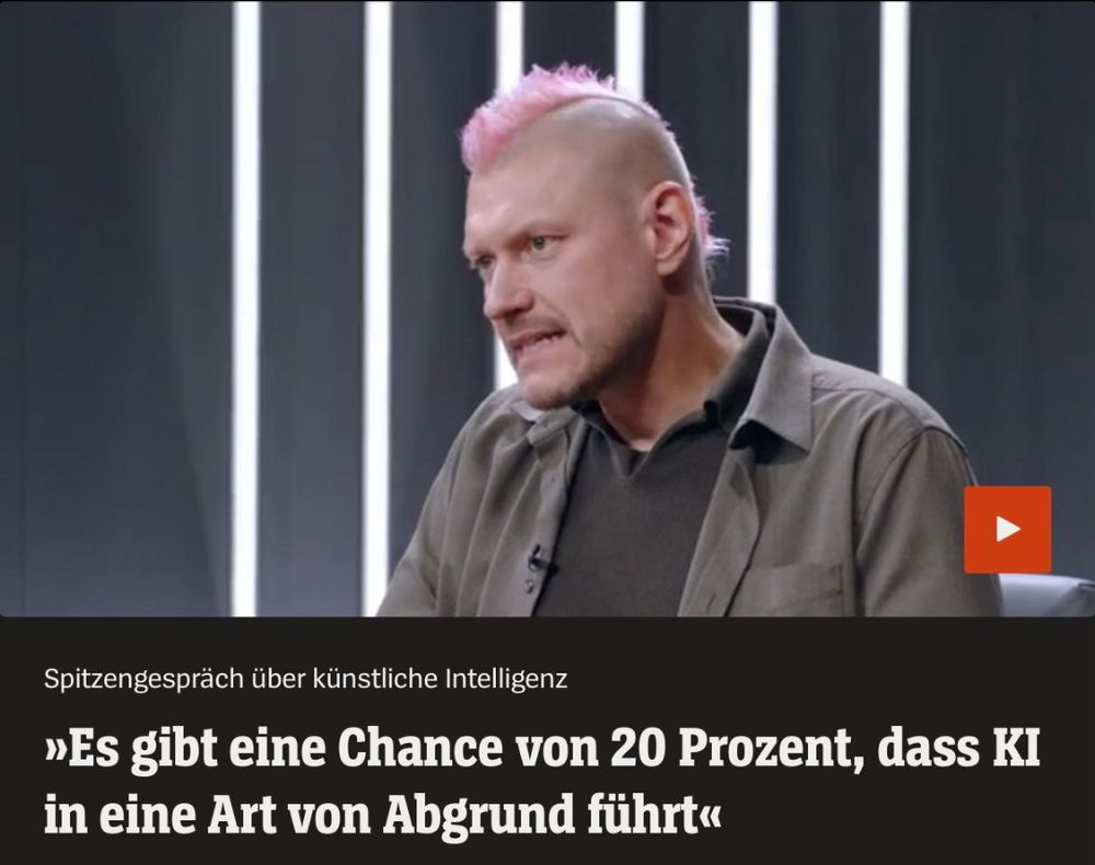 Person mit rosa Irokesenschnitt spricht ernsthaft in einem Studio mit vertikalen Lichtstreifen; eingeblendetes Zitat: „Es gibt eine Chance von 20 Prozent, dass KI in eine Art von Abgrund führt“.

