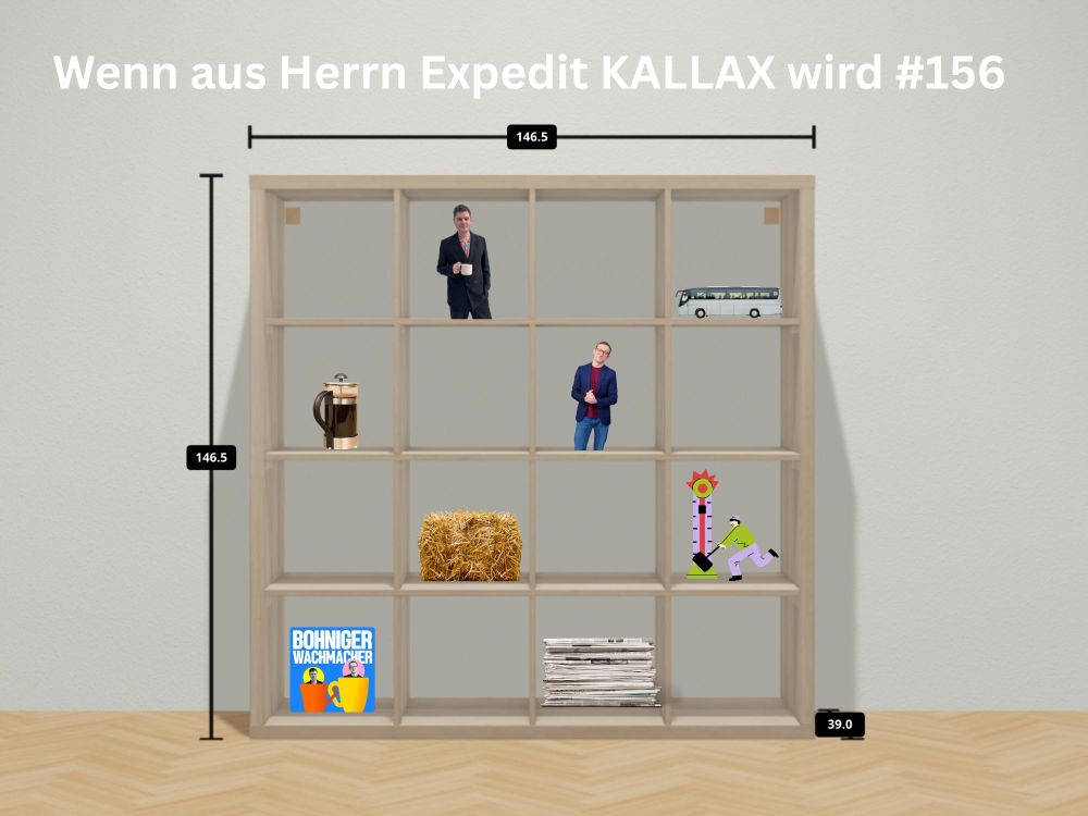 Fotomontage. Ein Kallax-Regal aus dem Ikeaplaner. In den Fächern sind zu sehen: Dax, Moritz, eine French Press, ein Omnibus, ein Strohballen, Hau den Lukas, ein Stapel Zeitungen und das BoWa-Logo. Folgentitel: Wenn aus Herrn Expedit KALLAX wird, 156