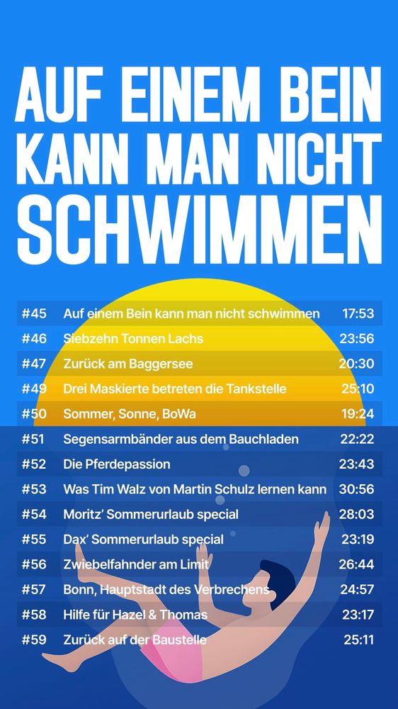 AUF EINEM BEIN KANN MAN NICHT SCHWIMMEN
#45
Auf einem Bein kann man nicht schwimmen
17:53
#46
Siebzehn Tonnen Lachs
23:56
#47
Zurück am Baggersee
20:30
#49
Drei Maskierte betreten die Tankstelle
25:10
#50
Sommer, Sonne, BoWa
19:24
#51
Segensarmbänder aus dem Bauchladen
22:22
#52
Die Pferdepassion
23:43
#53
Was Tim Walz von Martin Schulz lernen kann
30:56
#54
Moritz Sommerurlaub special
28:03
#55
Dax' Sommerurlaub special
23:19
#56
Zwiebelfahnder am Limit
26:44
#57
Bonn, Hauptstadt des Verbrechens
24:57
#58
Hilfe für Hazel & Thomas
23:17
#59
Zurück auf der Baustelle
25:11