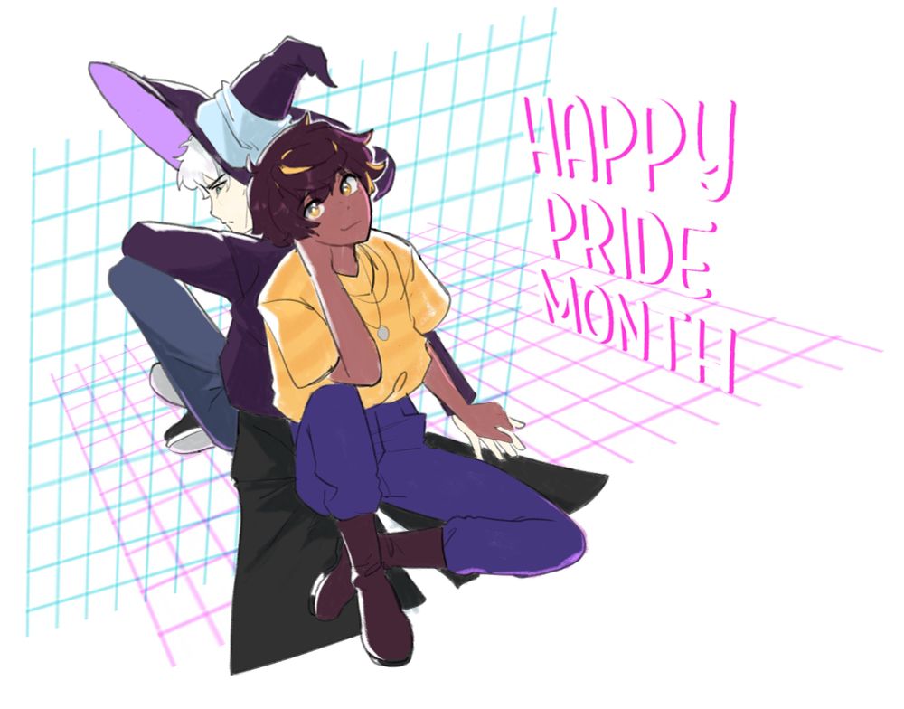 The main characters of my comic, Beeswax. Soma is the one in front, Dazzio is the one in back. The text to their right says "Happy Pride Month"