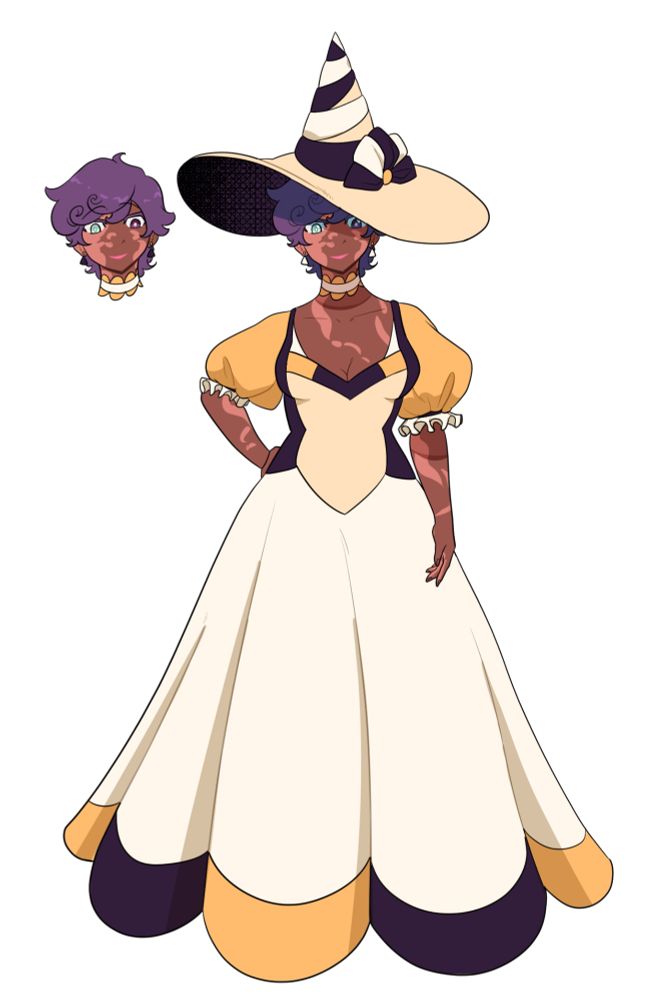 My Oc, Magreth. She's wearing a floor-length dress, mostly cream and yellow with dark purple as an accent color. Her witch hat has a wide brim. She has dark purple hair, scars going across her skin and up her face. Her right eye is a pale green from the scarring, her left eye a dark purple. 