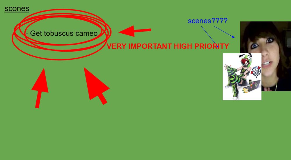 a green google slide headed with "scones" underlined. adjacent to this is the word "scenes????" with 2 blue arrows pointing to an image of boxxy and art made by @/kokorokero. the only item listed is "- Get tobuscus cameo" circled several times in red with 3 big red arrows pointing to it. in addition, bolded red text exclaims, "VERY IMPORTANT HIGH PRIORITY"