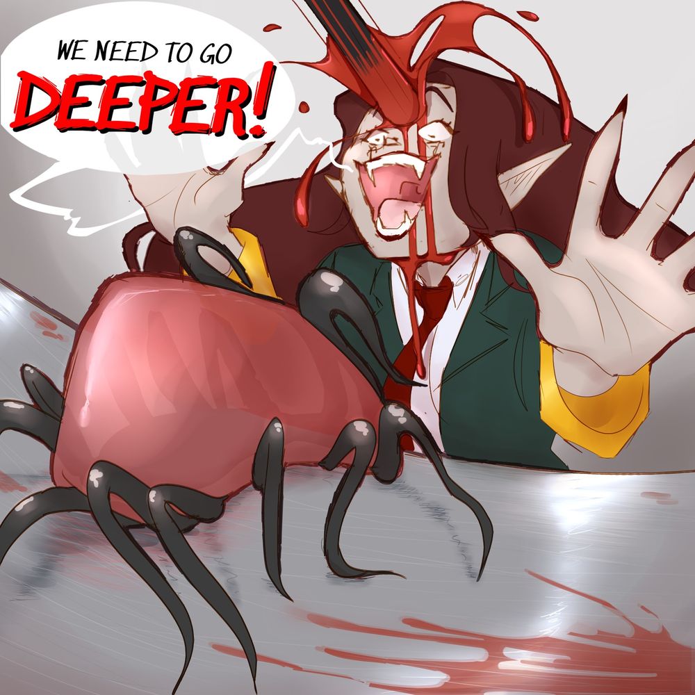 tw // gore
midus getting her melon shunted by a spider leg i'm pretty certain, wyrm is also there (friend's characters from a campaign of ours)
