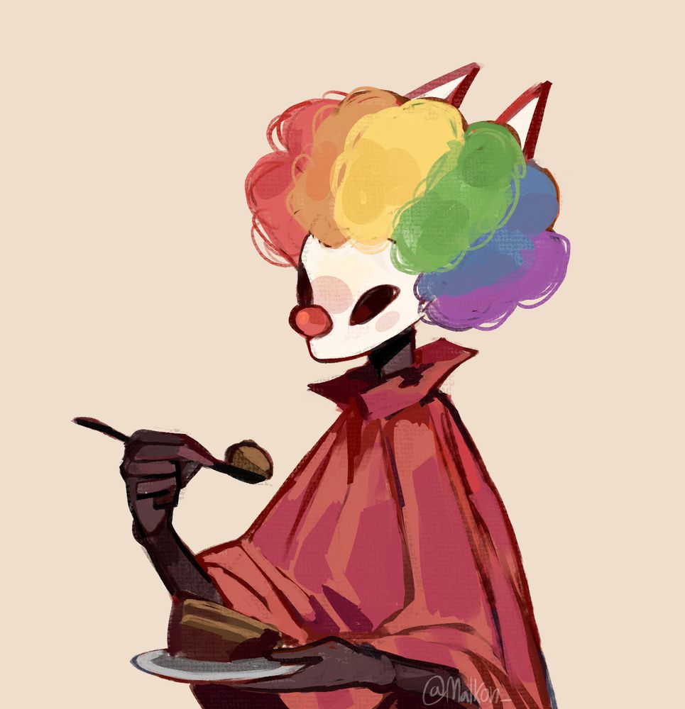Illustration of Hornet from Hollow Knight wearing a rainbow clown wig and clown nose eating a chocolate cake.