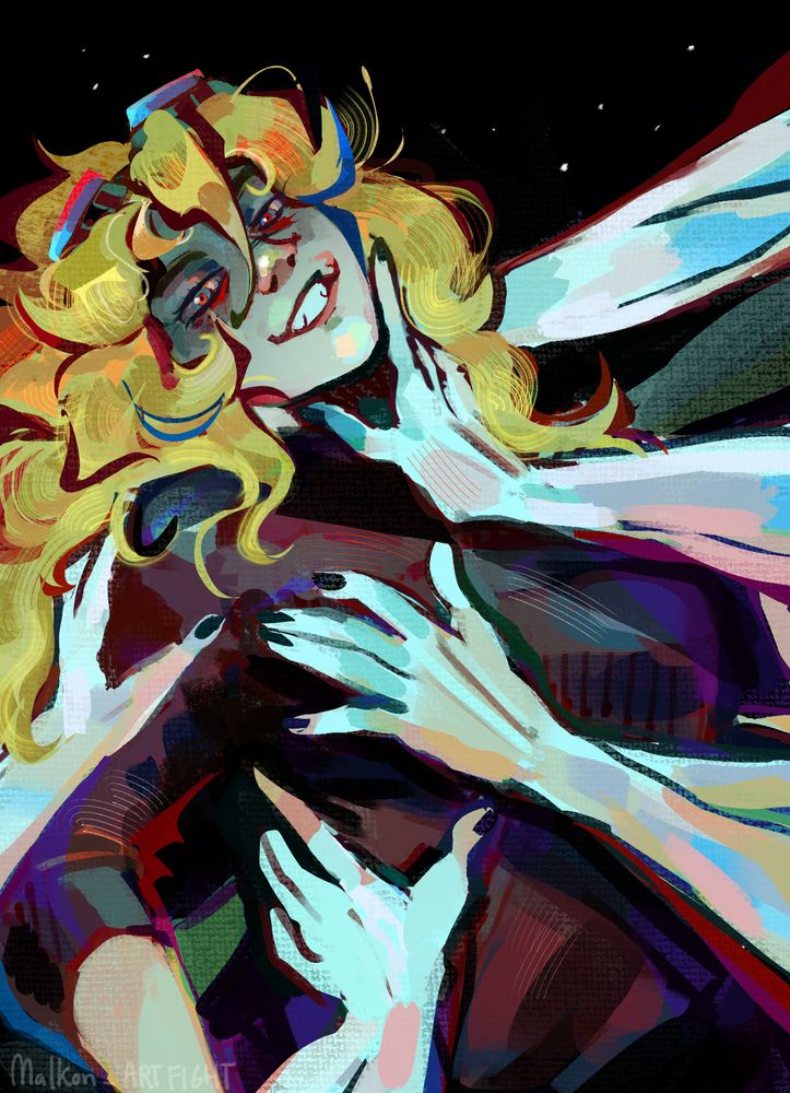 Illustration of an OC named Amy, posed dramatically, grinning towards the camera as several pale arms reach out to grab her.
Amy has peach skin, blue eyes with red rings, and long messy blonde hair. She wears a black long sleeve and goggles.