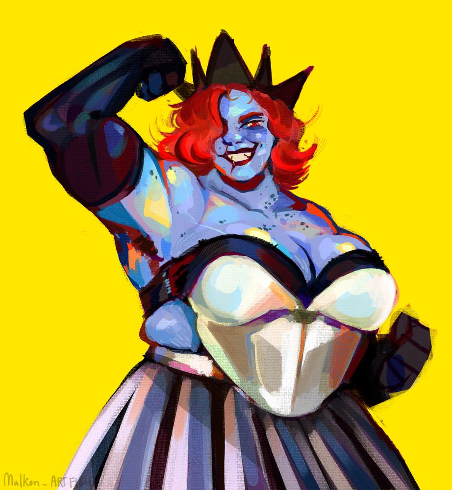 Illustration of a strong burly woman with light blue skin, red short wavy hair that covers her right eye, red hair, and freckles. She wears a pirates hat, shoulder length gloves, iron chestplate, and skirt.
She looks at the viewer with a wide confident grin, flexing one of her arms.