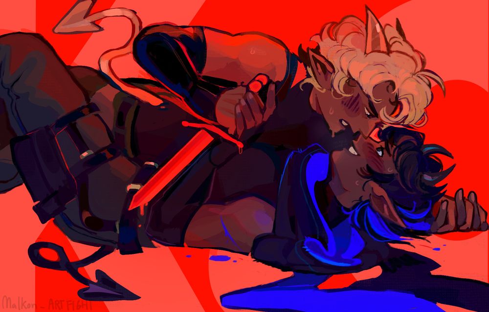 Illustration of two OCs fighting each other, both blushing profusely. Aether (on top), has tan skin, pointy ears, wavy/curly blonde hair, tan horns that point backwards, and a devils tail. He wears a sleeveless- neck eye black shirt, elbow long fingerless gloves, and camo pants. He holds a glowing red and dripping dagger in one hand and pinning down the other character hand with the other. Connor (on bottom), has brown skin, pointy ears, black horns that curve up and towards each other, and black hair with a bright blue undercut. He wears a similar outfit, except with grey pants with gun holsters, and a big scarf with a bright blue interior his shoulder has a cut on it, where bright blue blood seeps.
Both characters are sweating, with Aether having a determined yet exhausted face on him, looking into Connors eyes, while Connor has an exhausted, and almost surprised smile on his face. In tiny text, above Connors lips reads "Oh shit I lost". End of text.
The background glows bright red with a big "K.O".