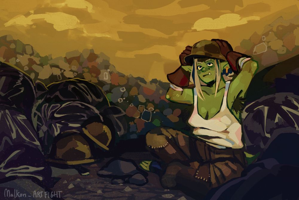Animated gif of a goblin (named Falafel) repeatedly failing to adjust her army helmet on her head, with it sitting loose the moment she lets her hands off of it after pressing it on.
She has lime green skin, blonde messy hair, and a snaggle tooth. She wears a white tank top and long camo pants.
She sits in the middle of a trash heap with bags of garbage and helmets.