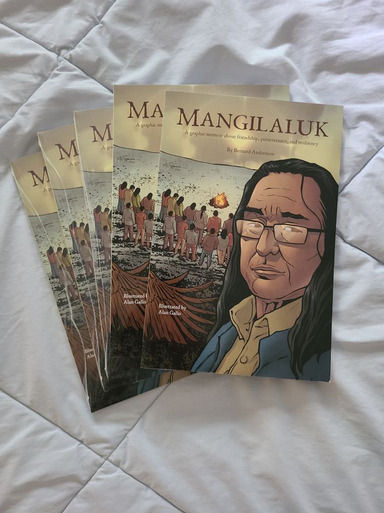 5 copies of the graphic novel entitled Mangilaluk, by Bernard Andreason, and illustrated by Alan Gallo displayed in a fan.