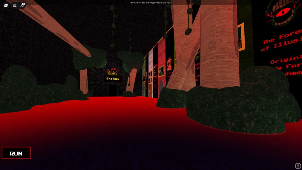 The map room, containing many trees growing from the walls and floor.  The ever-present red glow on the floors is very clear here.