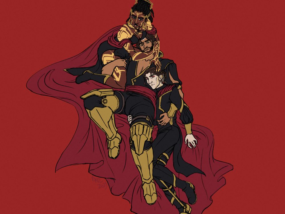 Illustration of Mel, Jayce and Viktor wearing coordinated outfits in black, red and gold. They're all embracing a bit suggestively.