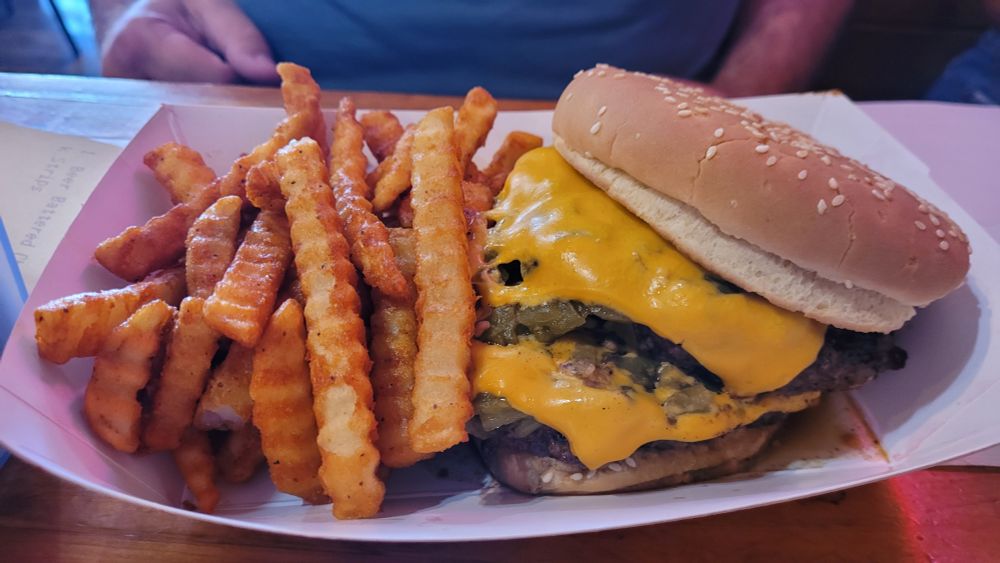 Green Chile Cheeseburger and fries from Sparky's 