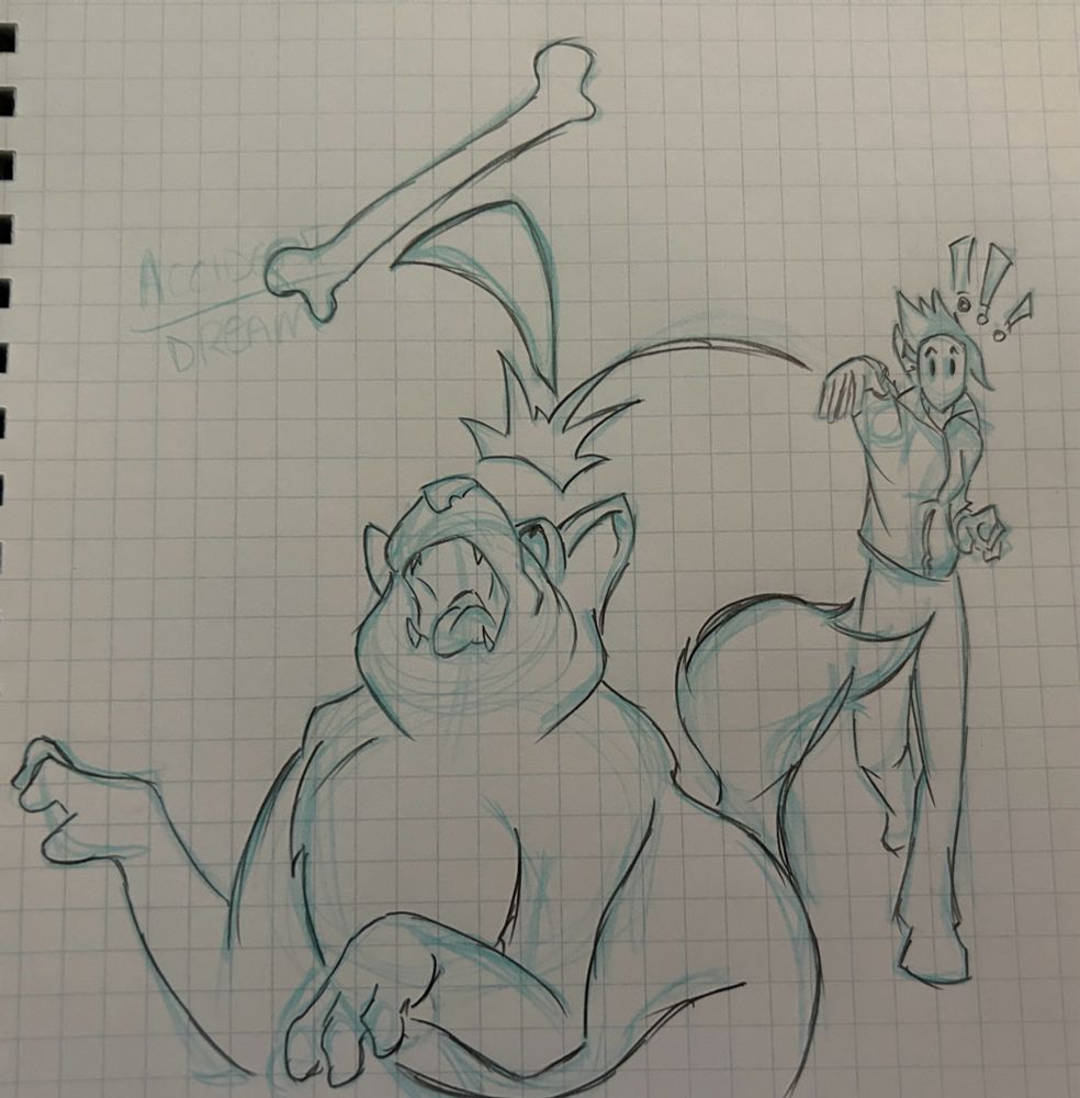 My werewolf OC, Naomi, playing catch in the dreamworld with her wolf spirit, Ulf. She bounces a leg bone off of his head accidentally.