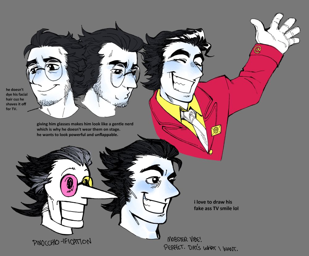 various drawings of spamton from his big shot era, and a comparison with his puppet version.