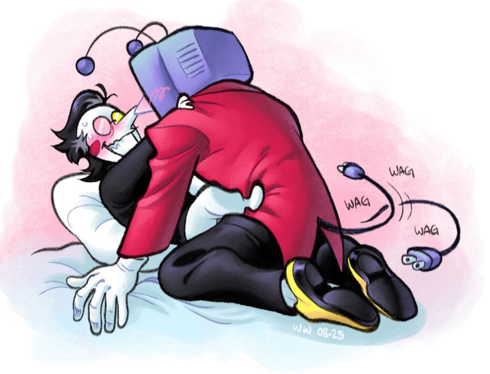 spamton and tenna from deltarune. tenna is leaning over spamton, who's propped up on a pillow and clutching at tenna's coat, his foot hooked on tenna's hip. spamton is blushing heavily, looking nervous and sweaty, while tenna wags his electrical plug tail playfully.
