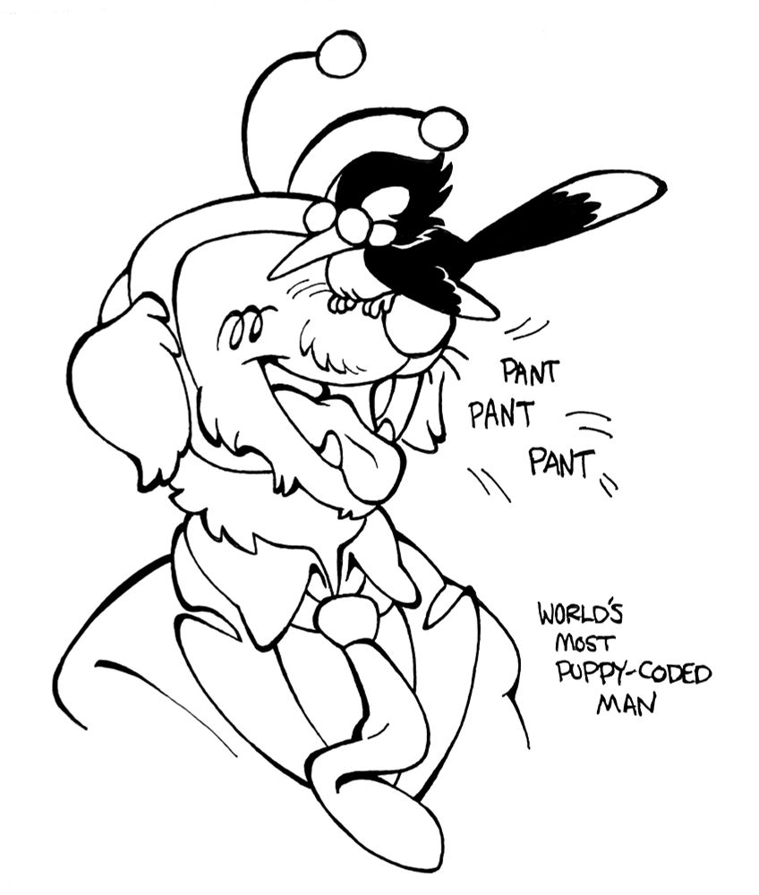 a drawing of tenna as a golden retriever with spamton as a bird perched on his nose. tenna is panting happily.