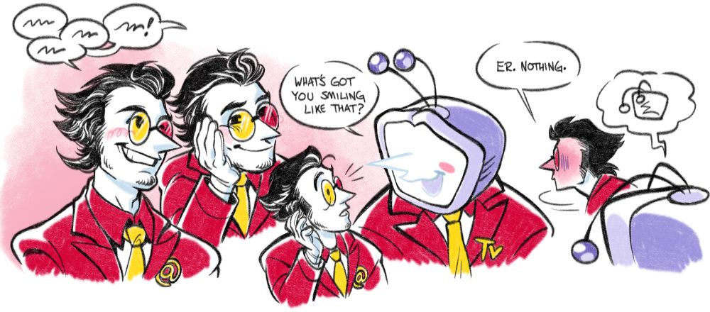 a series of images of spamton and tenna from their 90s business partnership. spamton is smiling and relaxed and chatting with tenna, who is off-screen. he pauses and rests his chin in his hand, smilingly warmly at tenna. blushing, tenna asks, "what's got you smiling like that?" spamton is shocked at this, and turns away quickly, mortified at himself. he says, "er. nothing." tenna looks crestfallen and disappointed.