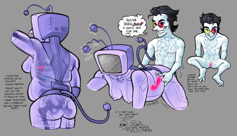 drawings of tenna and spamton from deltarune. tenna is a nude android robot with translucent periwinkle colored synthetic flesh. inside his flesh, you can see his skeleton and organs. the center drawing his spamton fucking him with a bright pink strap-on, which is visible through tenna's translucent flesh. spamton is saying, "you've been SUCH a good boy for me," and tenna is short-circuiting from some mixture of embarrassment and gratification. on the right side is a drawing of spamton with his legs splayed so that you can see his tdick more clearly. there is a note next to spamton which says, "i wanted to make him cis so i could bully him for it, but he lays eggs for god's sake. our FTM king."