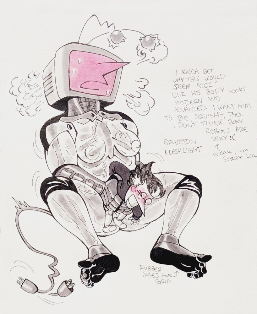 A drawing of Tenna humping Spamton by holding him like a fleshlight. Tenna's body is see-though and appears ambiguously "high-tech," in a cartoony way. He's blushing and venting heat from his side-panels, tail twitching and flicking, while Spamton clutches at Tenna's hands and squirms from the contact.