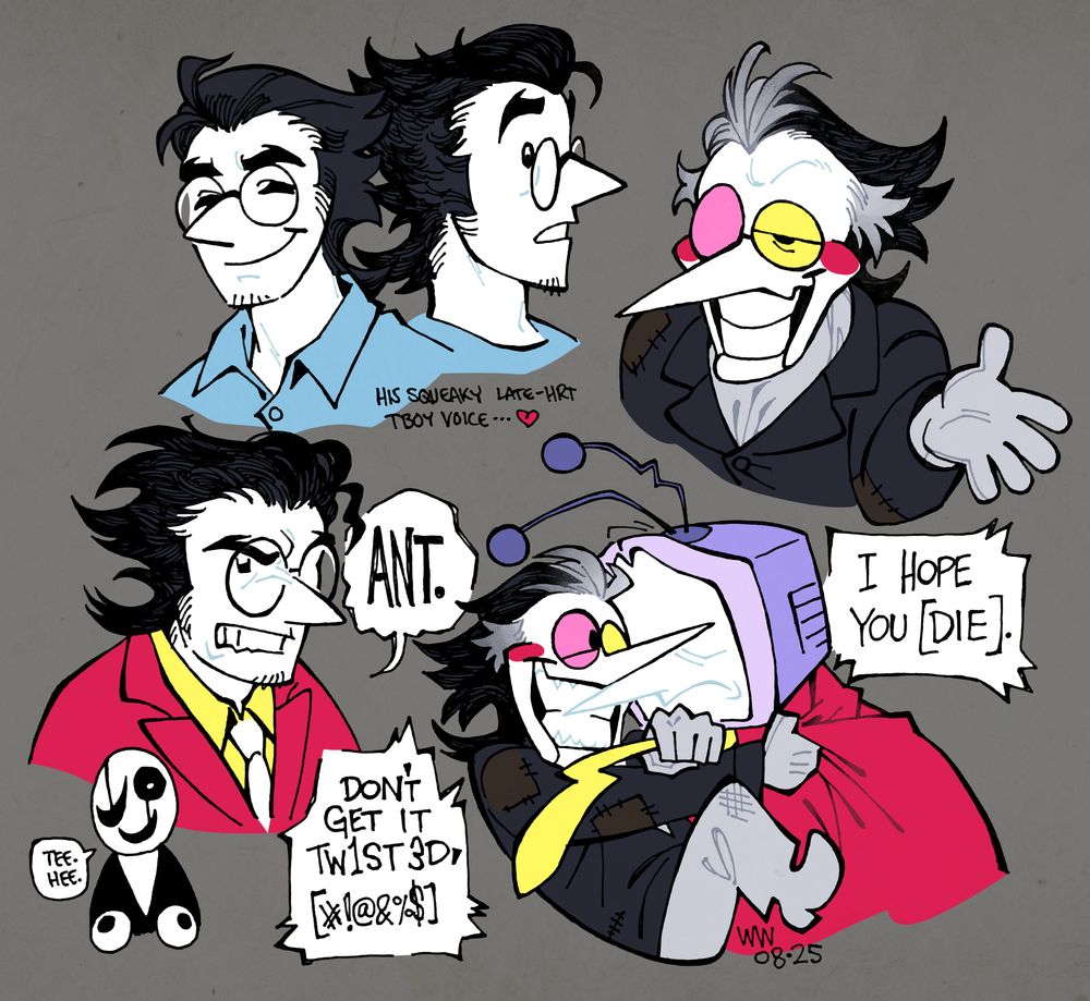 Various headshot drawings of bigshot-era and puppet Spamton. In the bottom right, puppet Spamton has leapt up and grabbed Tenna's tie, yanking it down so his face is pressed to Tenna's screen. He says, "DON'T GET IT TWISTED, [#!@&%$]. I HOPE YOU [DIE]." There is also a tiny Gaster in the bottom left saying, "TEE. HEE."