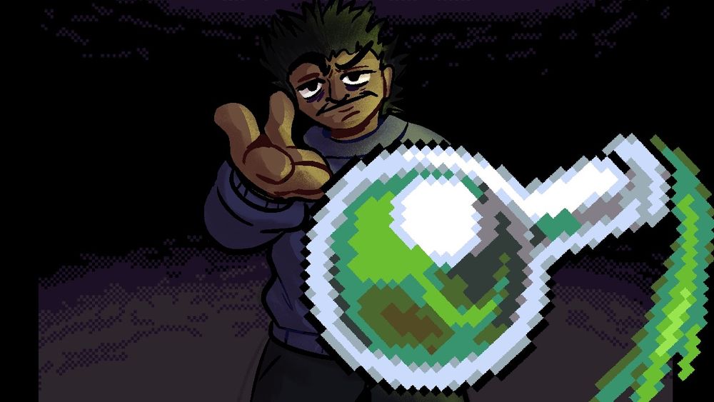 Sam hucks an acid flask at the viewer with a dubious expression on his face (seen enough)