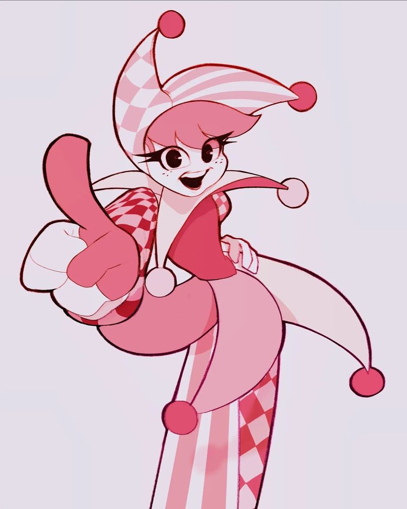 Pink and white jester character smiling, with one hand on her hip and the other pointing towards the camera with her index finger pointing up. Art, drawing, sketch.