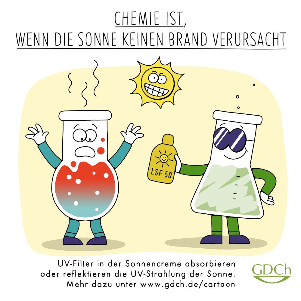 Comic-Zeichnung: Ein Männchen, das erkennbar unter der hohen Sonneneinstrahlung leidet, erhält von einem anderen Männchen, dass keine Probleme hat, eine Flasche mit Sonnencreme, LSF 50 gezeigt. Darüber steht der Text: Chemie ist, wenn die Sonne keinen Brand verursacht.