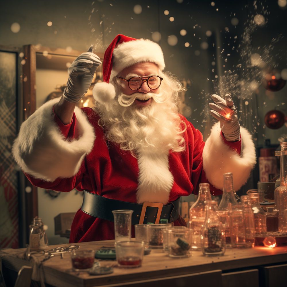 Der Weihnachtsmann bei einem wissenschaftlichen Experiment in seinem Labor. Das Bild wurde mittels generativer KI erstellt.