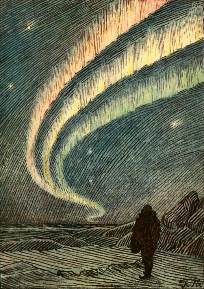 Man in Arctic landscape looking at aurora borealis, three huge colour blue stripes streaking through the sky