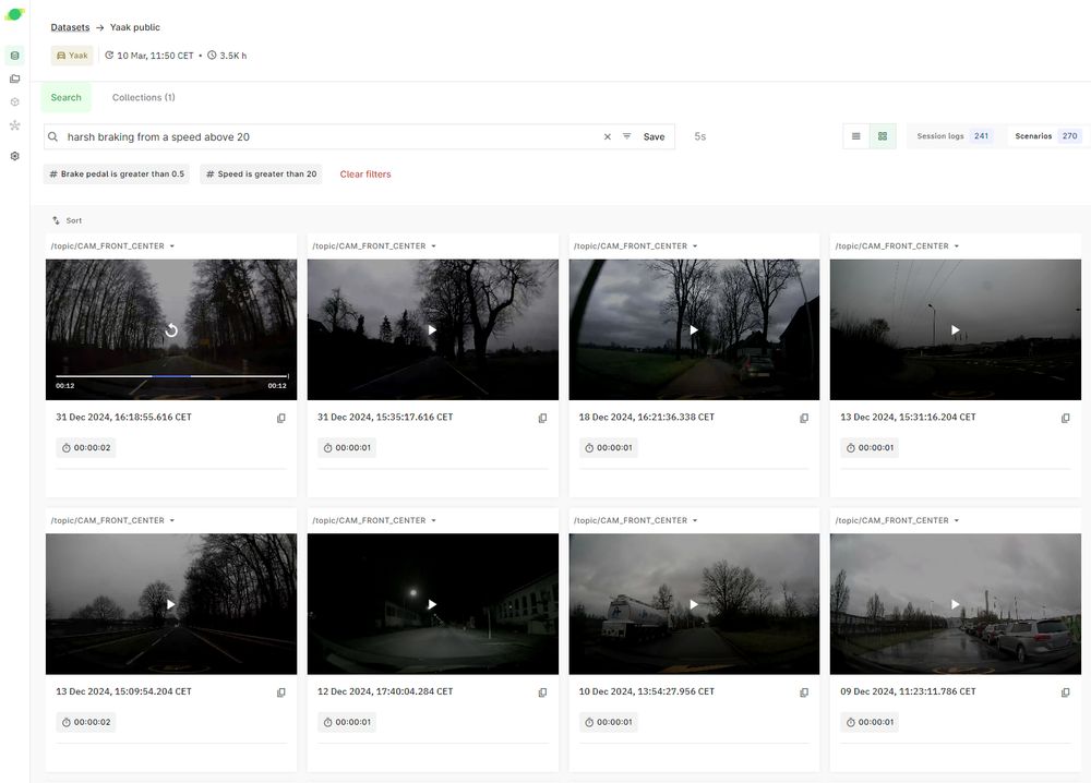 An image of the Nutron platform from Yaak, showing relevant driving scenarios based on the search term "harsh braking from a speed above 20"