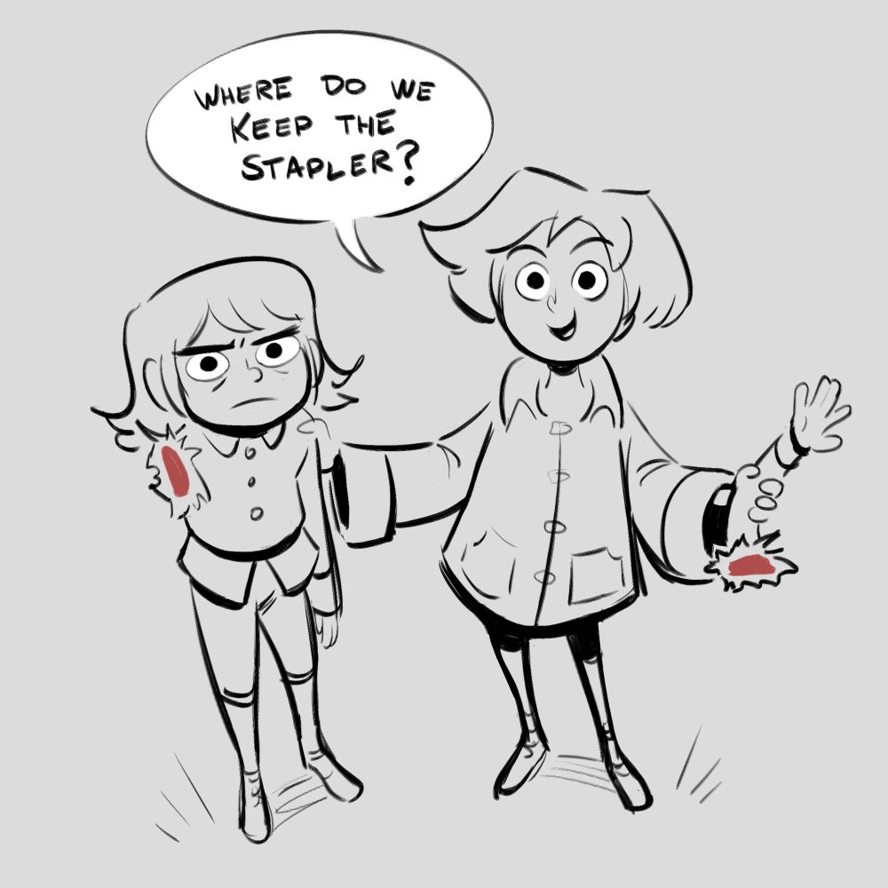 Esther and Abaddon from the show Haunted Hotel. Esther holds Abbadon’s severed arm, asking someone offscreen “where do we keep the stapler?”