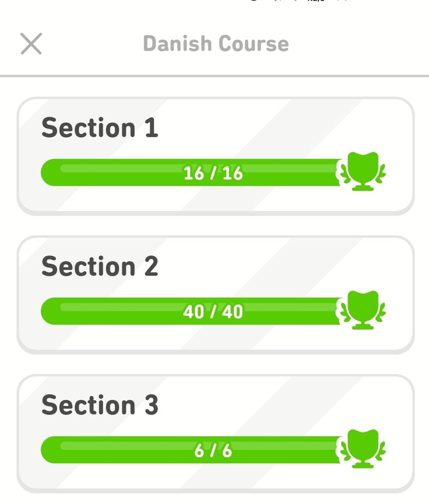 Screenshot showing all levels completed of Danish Duolingo!