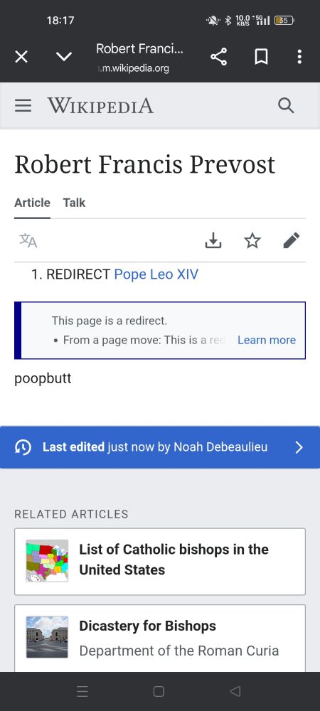 Wikipedia page giving the entire biography of the new pope as "poopbutt"