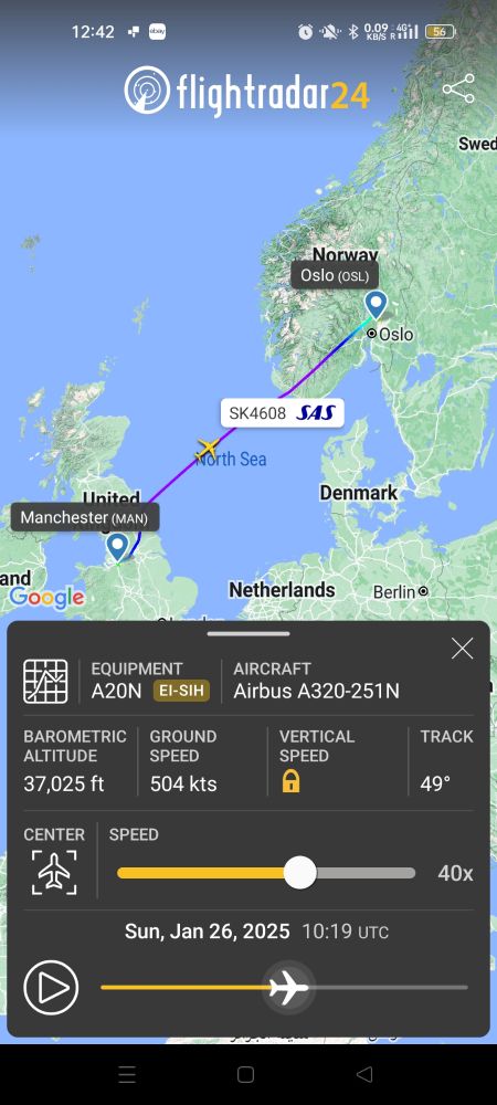 Screenshot of flight radar website showing Manchester to Oslo flight with a top ground speed of 504 knots!