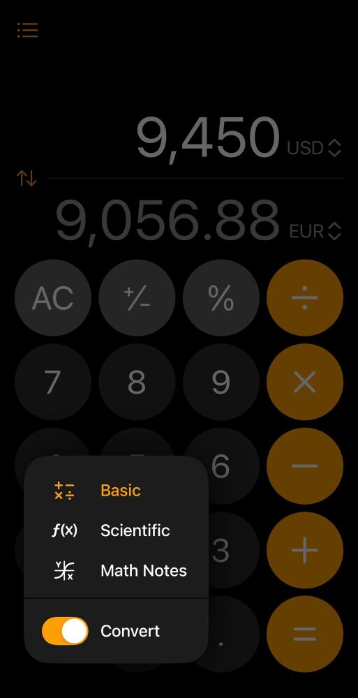 Calculator screen with toggle switch to “convert” at bottom left 
