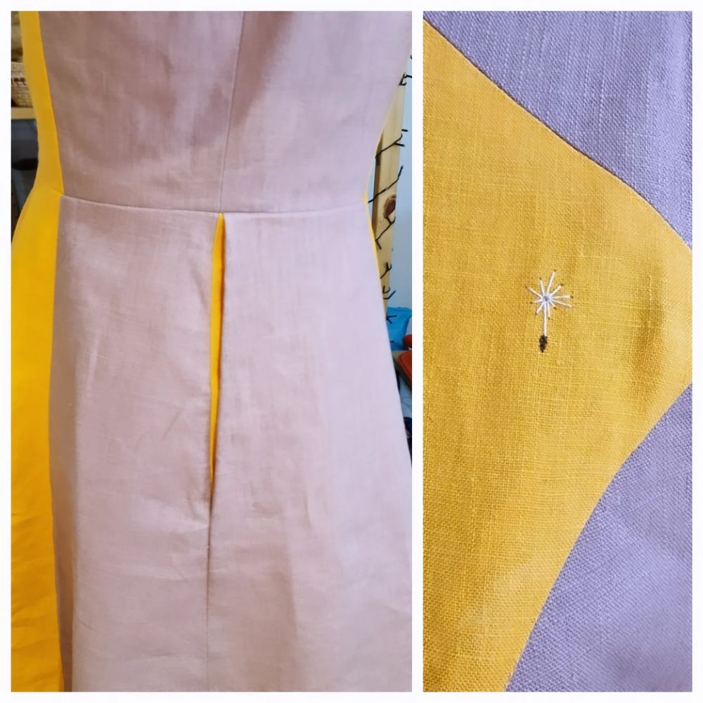 Picture shows a collage of a dress on a form. The left side shows the side of the dress, with the pocket visible, which has an orange bag.

The left side shows a dandelion seed embroidered onto the front panel of the dress