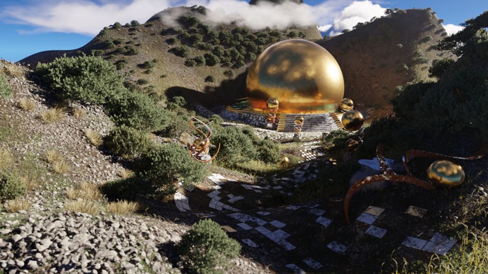 Giant golden orb on a cloudy mountain top