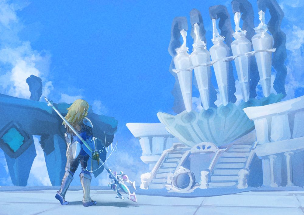 Illustration of Link from the game, Tears of the Kingdom, standing at the Water Temple. He is wearing the Zora Armor and holding a Lightscale Trident. His back faces the viewer as he looks on at the five giant water jars at the temple.