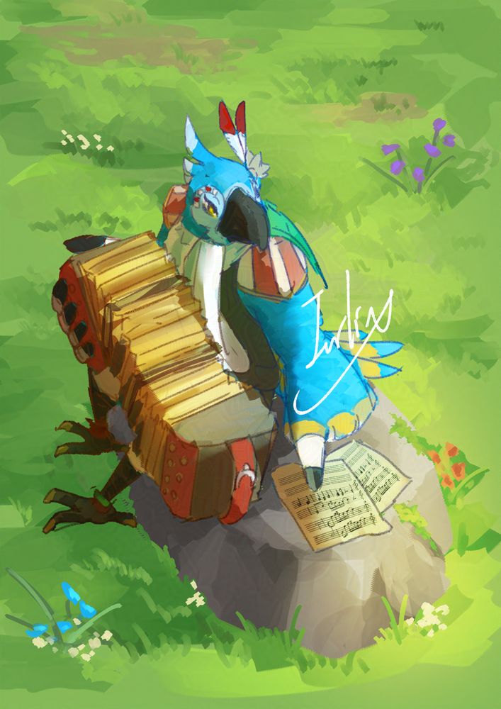 Illustration of the Rito, Kass, from the game Breath of the Wild. He is sitting on a rock holding his accordion with one hand, his other hand pointing at some music sheets as he studies them.