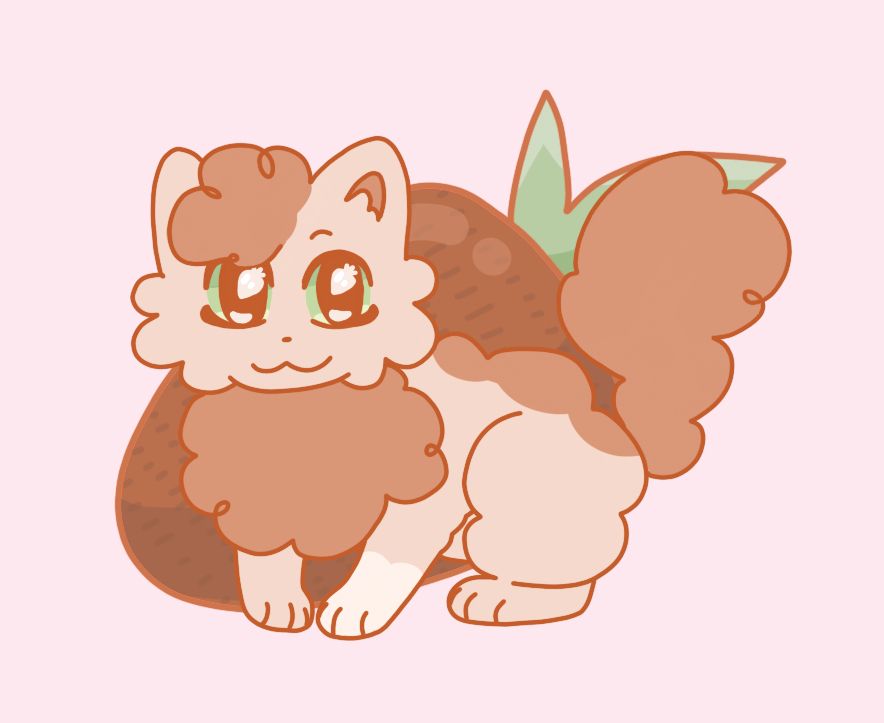 A cutesy drawing of Warrior Cats character: Squirrelflight with a strawberry behind her and a pink background. She has strawberry shaped highlights in her eyes.