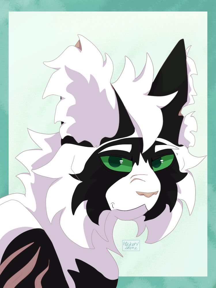 A digital drawing of a portrait of a white cat. The cat has green eyes, black ears, a black mask, and scarring on the nose and shoulder.